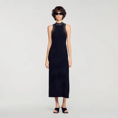 Sandro Rhinestone Velvet Maxi Dress In Black