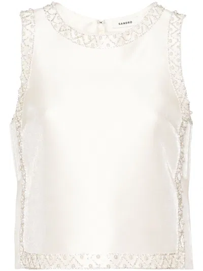 Sandro Rhinestoned Satin Crop Top In Neutral