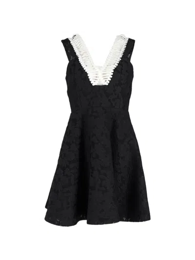 Pre-owned Sandro Rhythm Pleated Embroidered Mesh Dress In Black