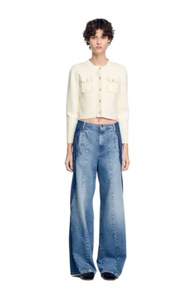 Sandro Rib Knit Cardigan In Ecru