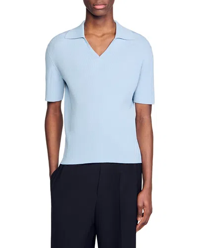 Sandro Rib Knit Polo Shirt In Blue Sky