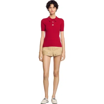 Sandro Rib Knit Polo Shirt In Cherry