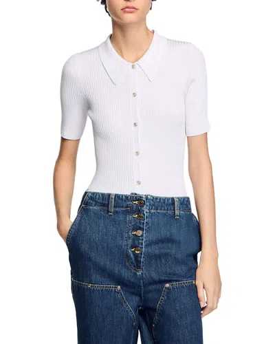 Sandro Rib Knit Polo Top In White