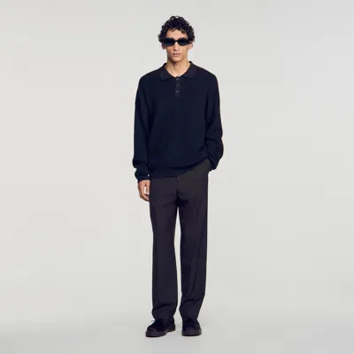 Sandro Ribbed Alpaca Blend Polo Shirt In Black