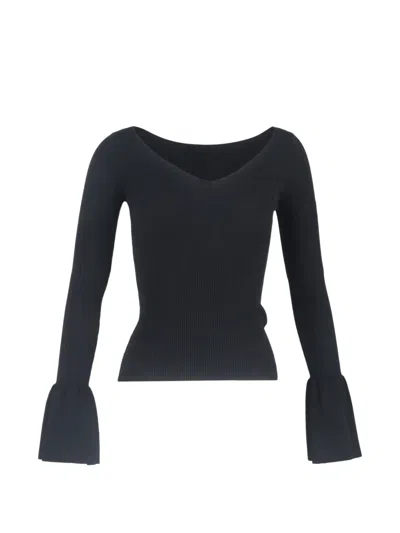 Pre-owned Sandro Ribbed Bell-sleeved Top In Black