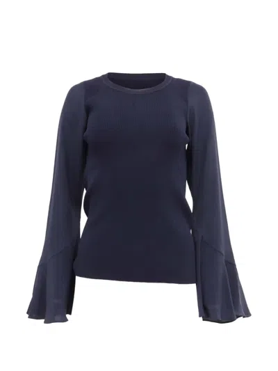 Pre-owned Sandro Ribbed Bell-sleeved Top In Blue