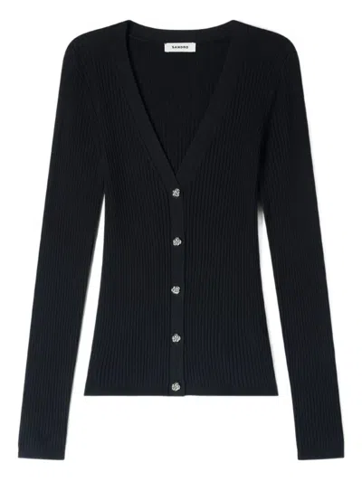 Sandro Ribbed Cardigan With Fancy Buttons In Blue