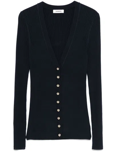 Sandro Ribbed Cardigan In Blue
