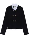 Sandro William Rib-knit Ruffled Collar Cardigan In Blue