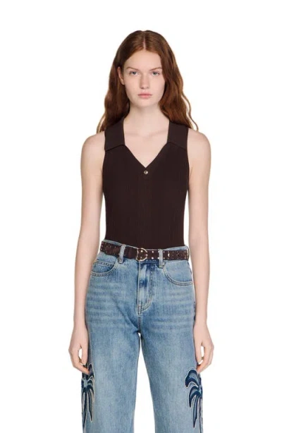 Sandro Womens Brown Ribbed Polo-collar Knitted Bodysuit