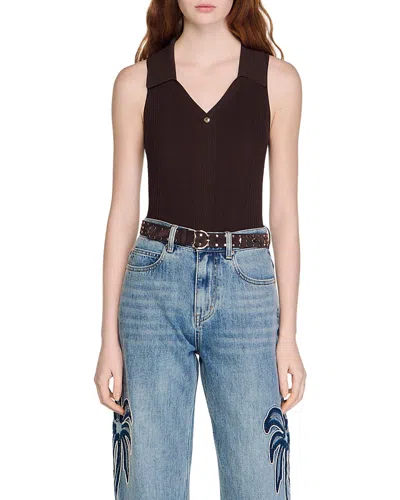 Sandro Ribbed Knit Polo Bodysuit In Brown