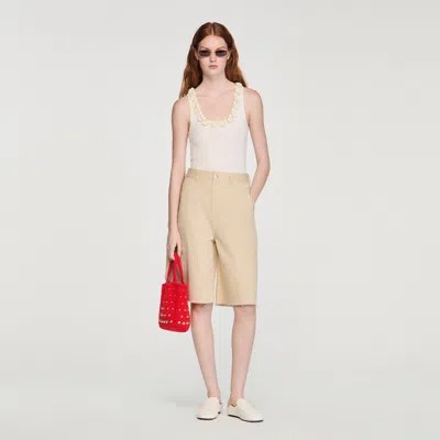 Sandro Ribbed Knit Top With Beaded Roses In White