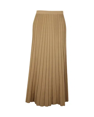 Sandro Ribbed Pleated Midi Skirt In Khaki Viscose In Brown