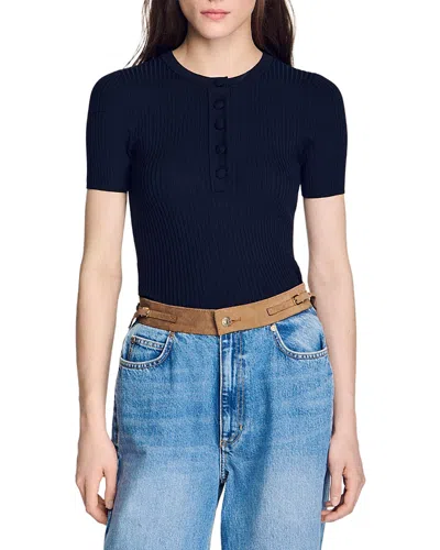 Sandro Ribbed Short Sleeve Sweater In Blue