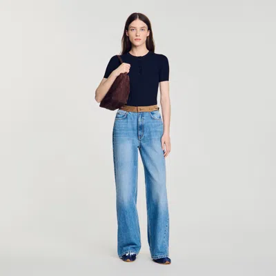 Sandro Ribbed Short-sleeved Knit Top In Blue