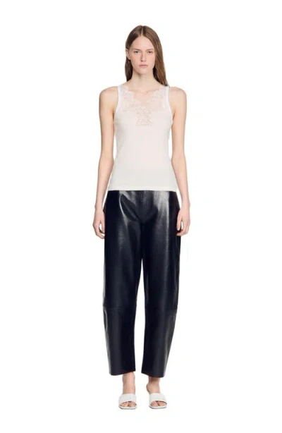 Sandro Ribbed Vest Top With Lace In Neutral