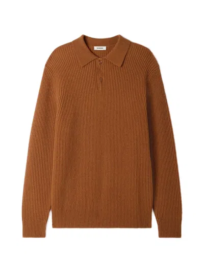 Sandro Ribbed Wool Polo Shirt In Brown