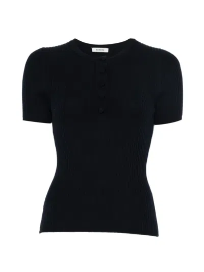Sandro Ribbed-knit Buttoned Top In Blue