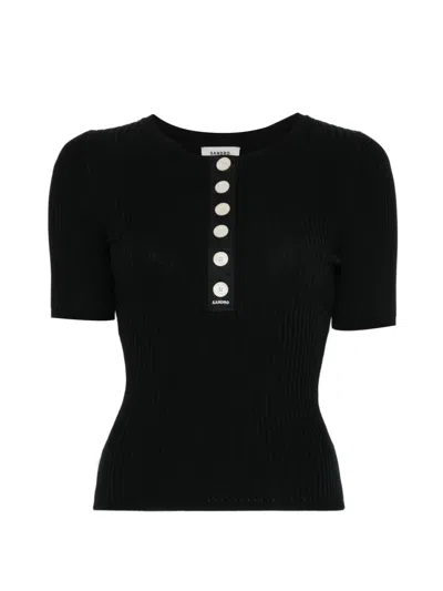 Sandro Ribbed-knit Button-placket Top In Black