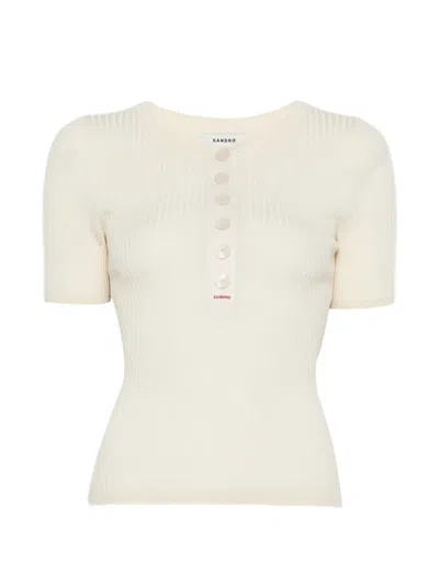 Sandro Ribbed-knit Button-placket Top In Neutral