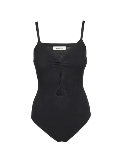 Pre-owned Sandro Ribbed-knit Cut-out Bodysuit In Black