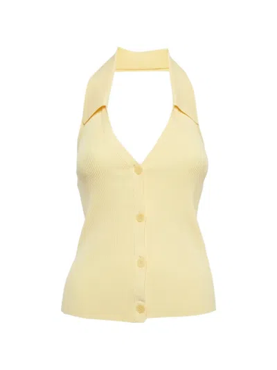 Pre-owned Sandro Ribbed-knit Halter-neck Blouse In Yellow
