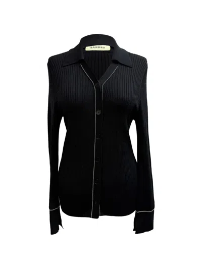 Pre-owned Sandro Ribbed-knit Piped-trim Cardigan In Black