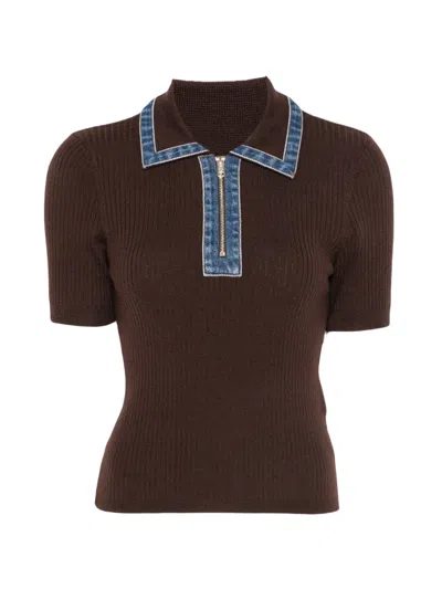 Sandro Ribbed-knit Polo Top In Brown