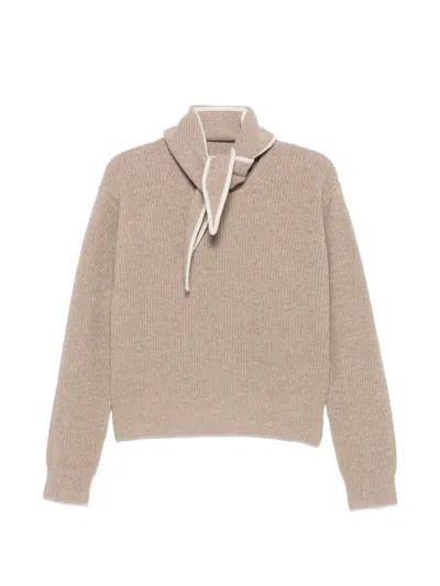 Sandro Ribbed-knit Scarf-detail Wool Sweater In Neutral