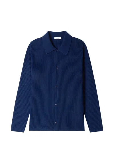 Sandro Ribbed-knit Shirt-collar Cardigan In Blue