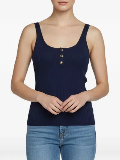 Pre-owned Sandro Rib-knit Button-detail Top In Blue