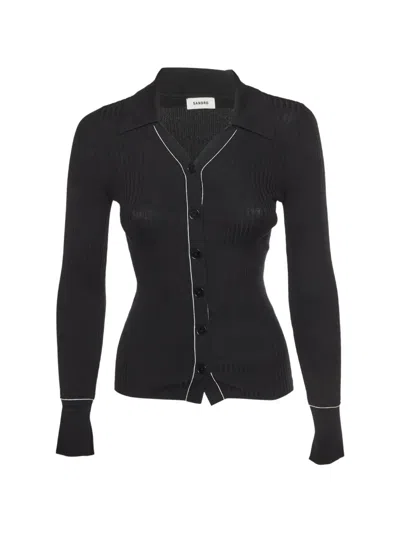 Pre-owned Sandro Rib-knit Button-up Top In Black