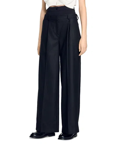 Sandro Richard Pinstriped Wide Leg Pants In Black