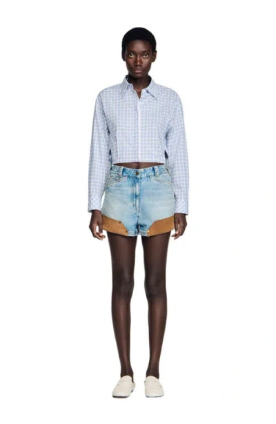 Sandro Riveted Denim And Suede Shorts In Blue