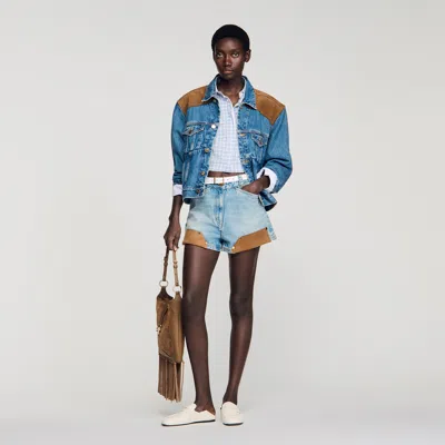 Sandro Riveted Denim And Suede Shorts In Blue