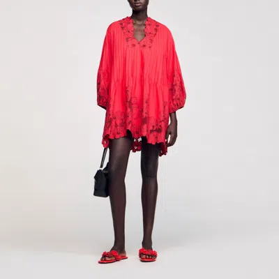 Sandro Robe Courte À Détails Fleurs In Red