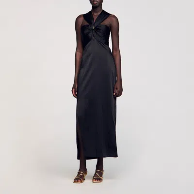 Sandro Robe Longue Satinée Fendue In Black