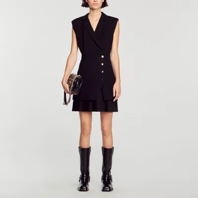 Sandro Robe Plissée En Tweed In Black