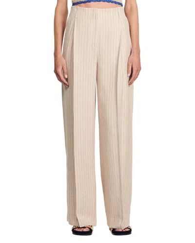Sandro Pinstriped Crepe Straight-leg Pants In Beige