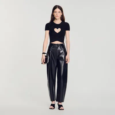 Sandro Ruched Heart Cropped T-shirt In Black