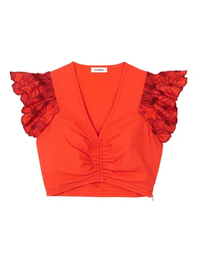 Sandro Womens Rouges Embroidered-sleeve V-neck Cotton-blend Crop Top In Red