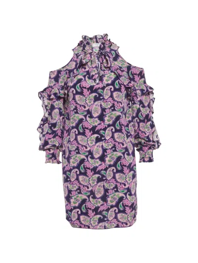 Pre-owned Sandro Ruffled Cold-shoulder Silk Dress In Purple