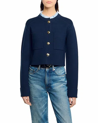 Sandro Ruffled Collar Cardigan In Blue