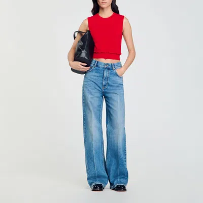 Sandro Ruffled Crop Sweater In Red