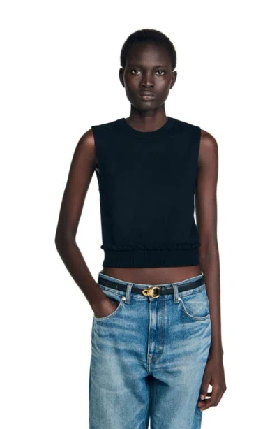 Sandro Ruffled Cropped Sweater In Black