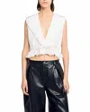 Sandro Womens Ecru V-neck Ruffle-hem Cropped Linen-blend Top In White
