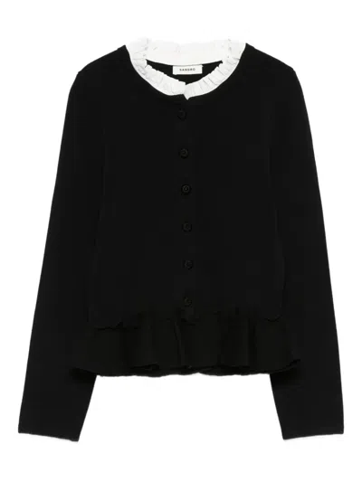 Sandro Womens Victorian-collar Frill-hem Stretch-knit Cardigan Black
