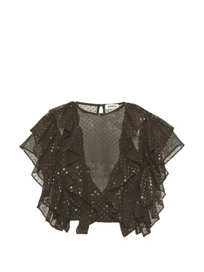 Pre-owned Sandro Ruffled Embellished Crop Top In Black