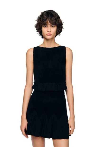 Sandro Womens Black Ruffled Sleeveless Stretch-knit Crop Top