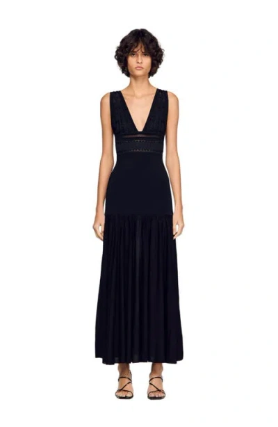 Sandro Ruffled Knit Maxi Dress In Black